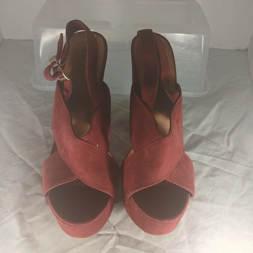 Bamboo Red Suede Platform Wedge Heels Buckle Ankle Strap Size‎ 8